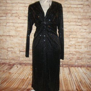 Vintage Oleg Cassini Black Sequin Knot Front Long Sleeve Dress size 10 rare!